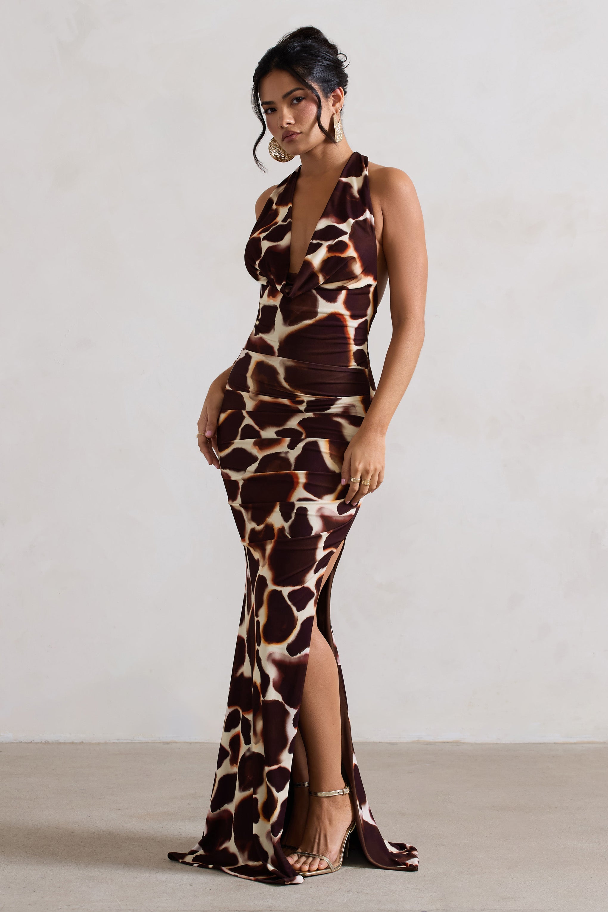Tulum | Giraffe Print Cowl-Neck Gathered Split Maxi Dress