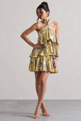 Alecia | Metallic Gold Halter-Neck Ruffle Mini Dress