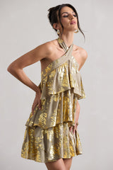 Alecia | Metallic Gold Halter-Neck Ruffle Mini Dress