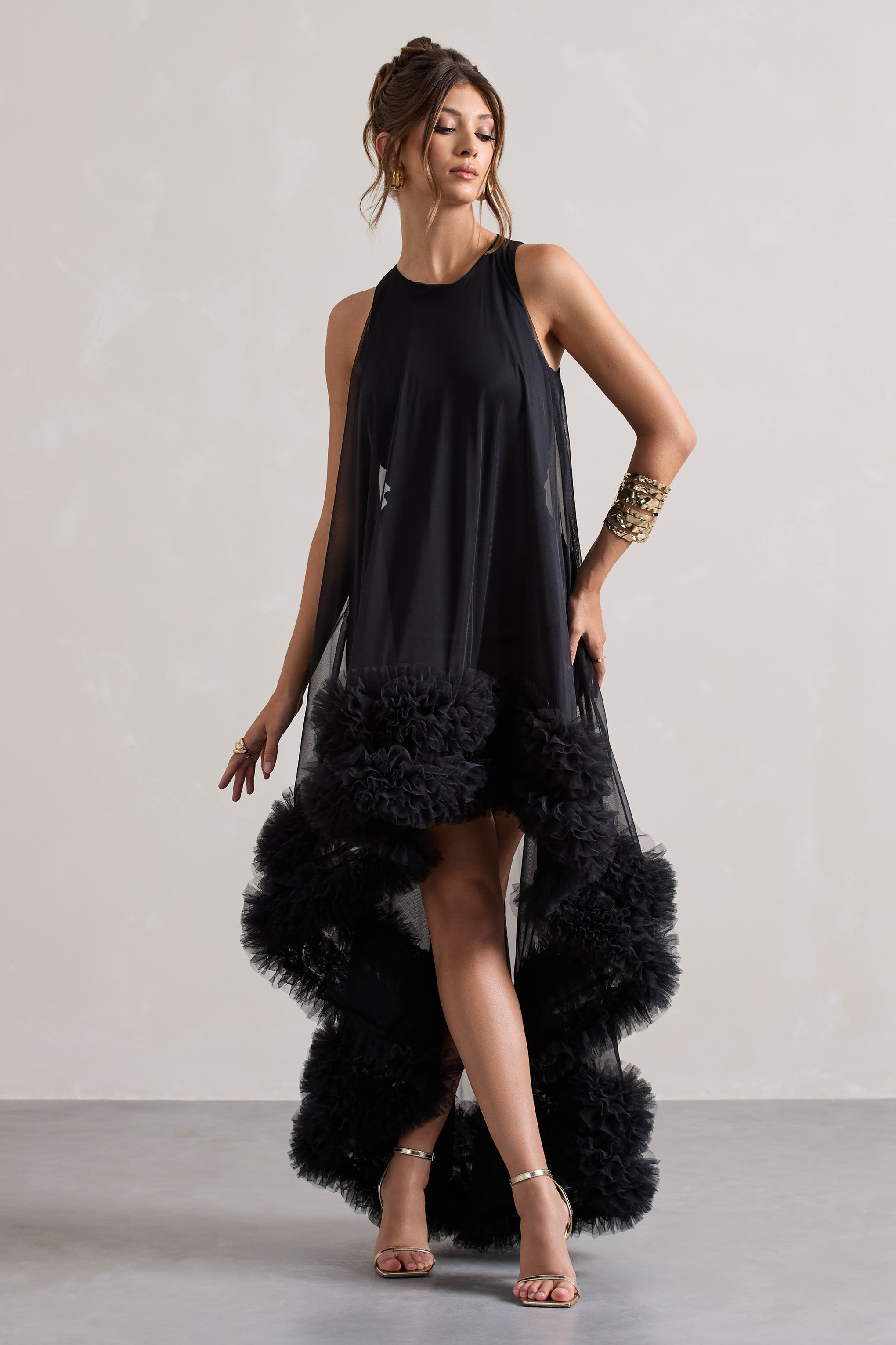 Lacie | Black Sleeveless Mini Dress With Tulle Overlay