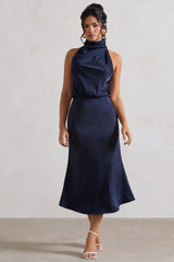 Geena | Navy Satin Twisted High-Neck Midi Dress