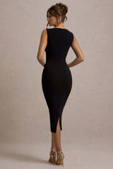Shantelle | Black Bodycon Square-Neck Midi Dress